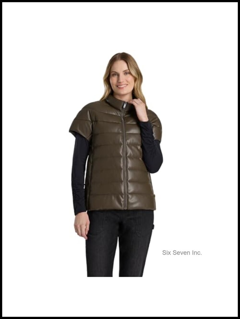 PU Quilted Puffer Vest, Lightweight Faux Leather Zip Up Sleeveless Outerwear